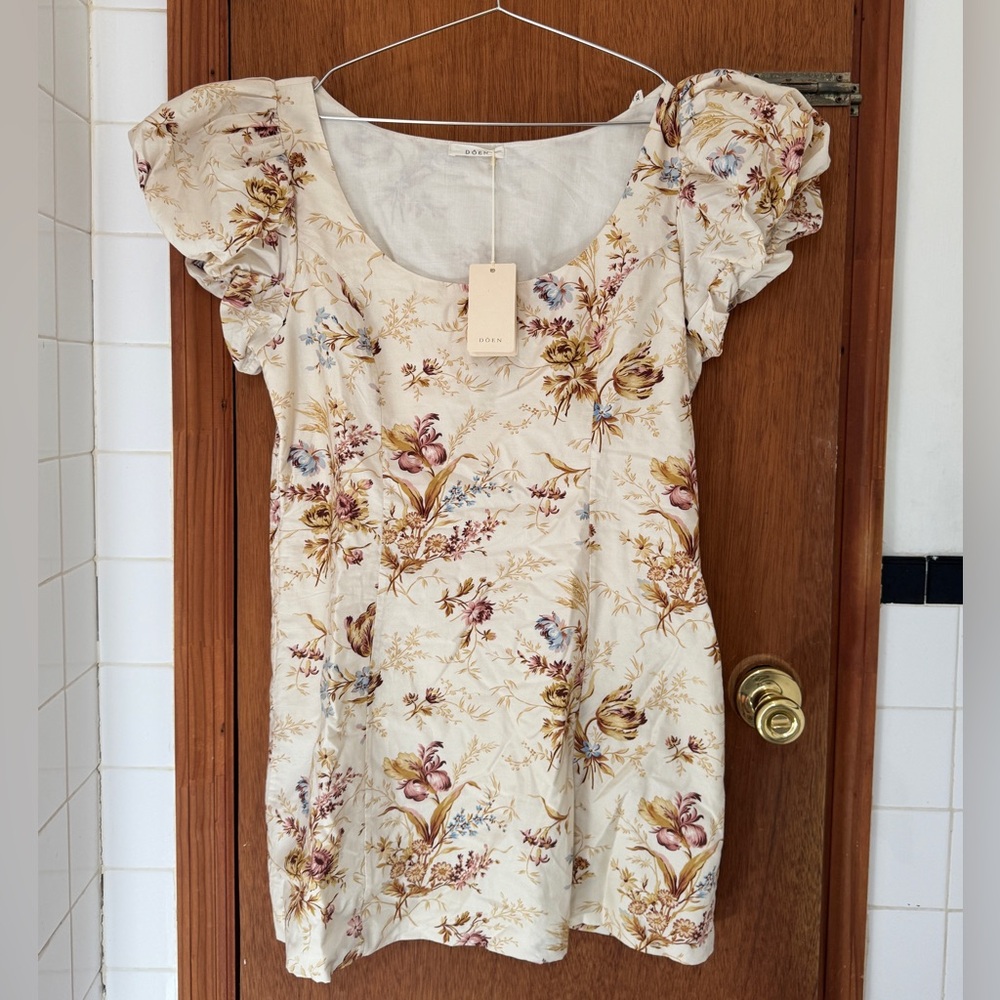 Doen Cream Floral Dress with Puff Sleeves